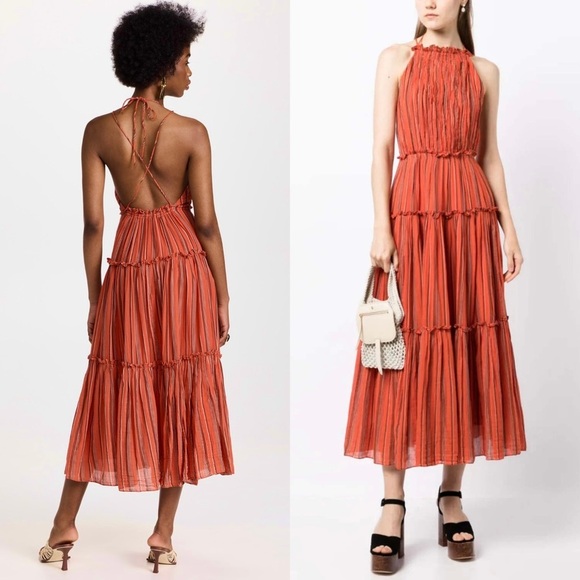 ULLA JOHNSON Cotton Stripe Sleeveless Halter Neck Open Back Tier Ruffle Dress 10 - Picture 6 of 14